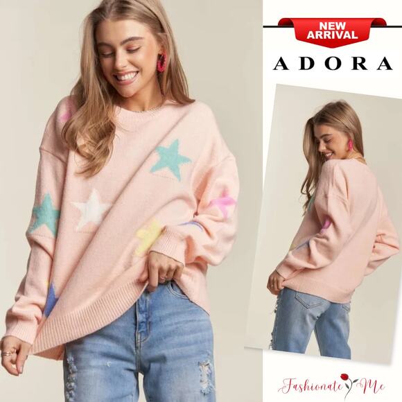 ADORA Star Pattern Crew Neck Drop Shoulder Long Sleeves Ribbed Sweater | Blush - Picture 1 of 5
